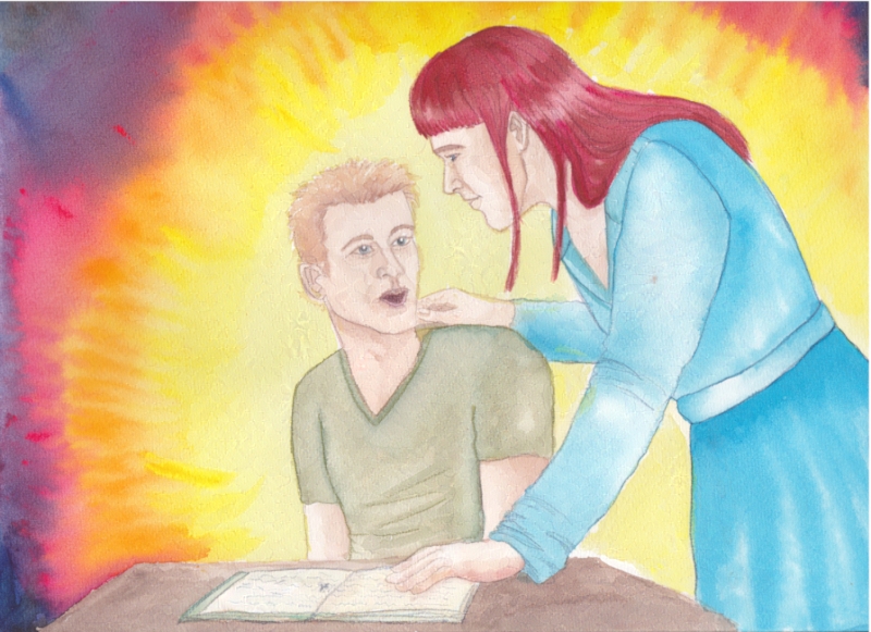 man in a dress leaning downwards to another man